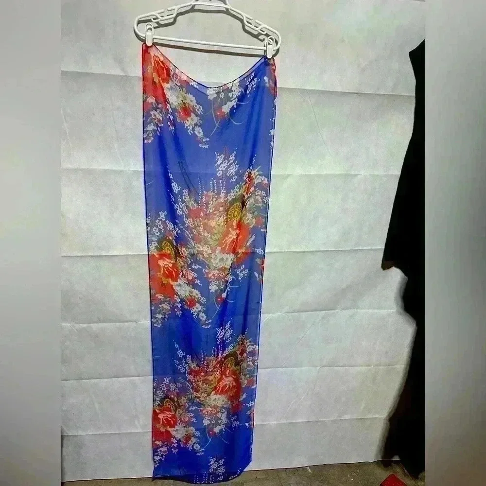 Lot of 2 Silk Feel Scarves Asian Inspired Floral Palm Leaf Sheer Colorful Long